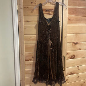Vintage Crushed Velvet Lace-Up Dress: Goth Steampunk 90s M